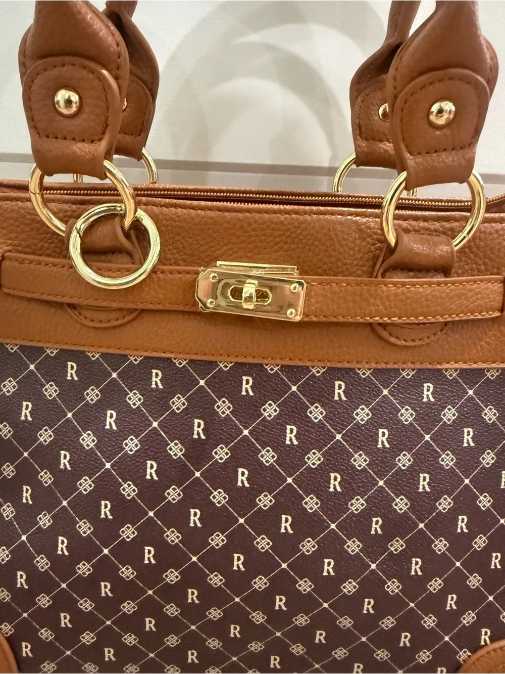 The Danbury Mint Monogram Structured Satchel Brown Faux Leather Top Handle Cross